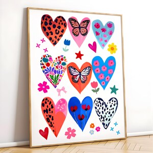 Colorful Hearts print Girly Dopamine wall art Maximalist Handrawn Poster Funky bedrroom decor Love Gift for her Eclectic Floral Animal Print