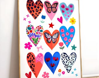 Colorful Hearts Print Girly Dopamine Wall Art Maximalist Handrawn