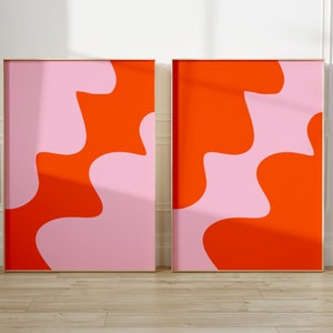 Impresión abstracta en rosa y naranja, póster preppy, juego de 2 impresiones, arte de pared retro rosa de los años 70, impresión linda y moderna, decoración de dormitorio, regalo, imprimible