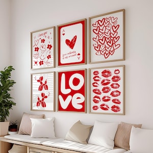 Set mit 6 Roten Liebesdrucken Liebe eigentlich ist überall Herz-Ass Karte Valentinstag Dekor Kuss Hund Ballon Poster Moderne Preppy Wandkunst