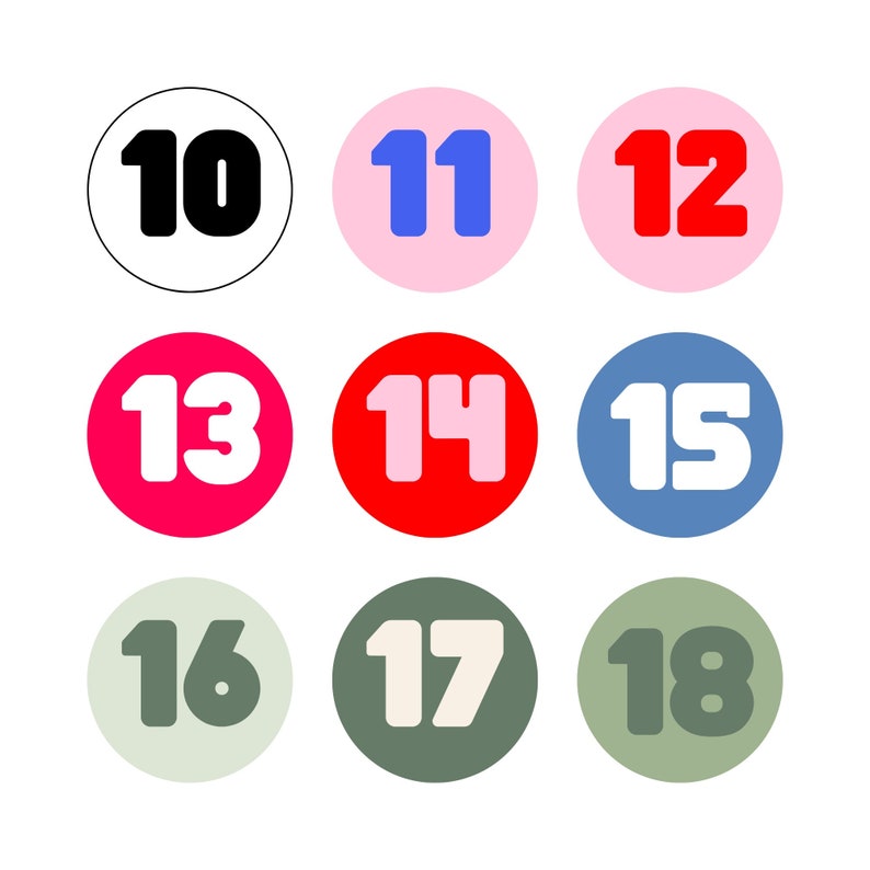 May include: Nine colorful circles with white numbers 10 through 18 inside. The circles are black, pink, blue, red, light blue, green, light green, dark green, and gray.