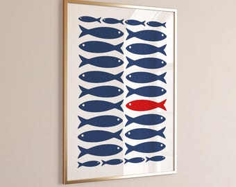 Sardines  Print, Kitchen Wall Art, Navy Blue Fisherman Aesthetic, Red Dining Room Decor, Retro Food Art Minimalist Aesthetic Fish Poster