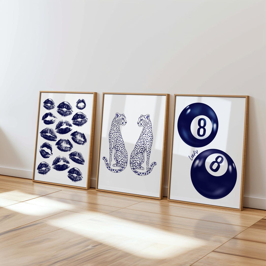 Navy Blue Wall Art Set of 3 Lucky 8 Ball Poster Modern Cheetah Print ...
