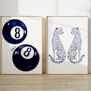 Y2K Coquette Wall Art Set Lucky 8 Ball Poster Cheetah Print Retro Lucky Number Digital Print Minimalist Navy Leopard Chic Modern Office