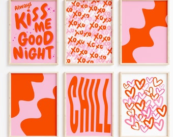 Set of 6 Pink Orange Prints, Trendy Gallery Set, Always Kiss Me Goodnight ,Chill Poster, Retro Abstract Posters, Hearts Preppy Wall Decor