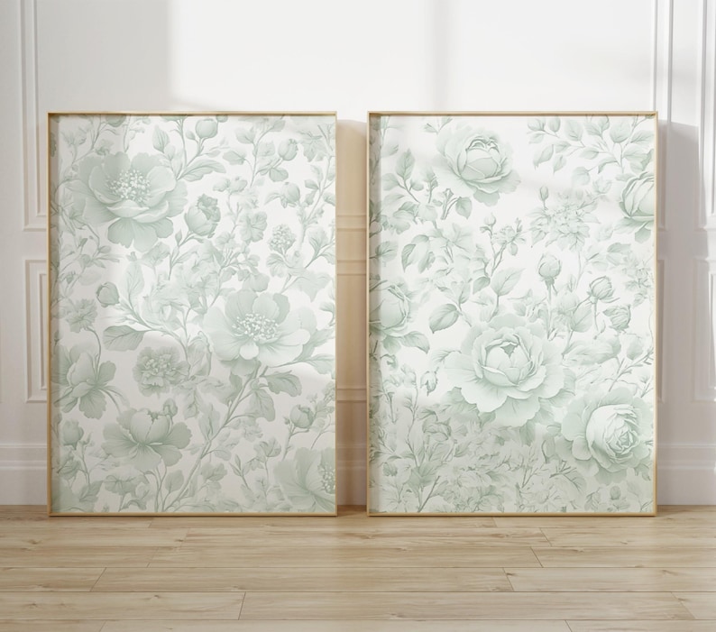 Chinoiserie Wall Art Sage Green Vintage Floral Print Set of 3 Posters