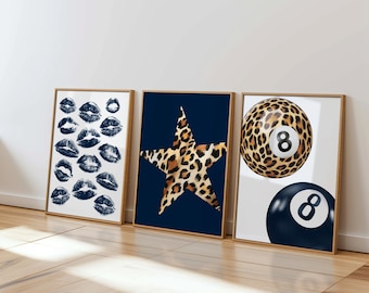 Leopard Print Wall Art Set Navy Lip Kiss Poster Cheetah 8 Ball Art Printable Bold Aesthetic Decor Coquette Grunge Room Teen Girl Digital Art