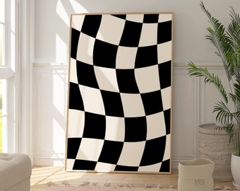 Checkered Wall Art, Beige Checker Art Print, Beige Black Printable wall art, Retro Funky Poster, Trendy checkerboard Poster, Partner Gift