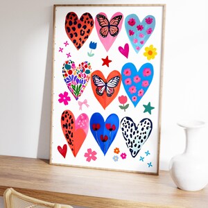 Colorful Hearts print Girly Dopamine wall art Maximalist Handrawn Poster Funky bedrroom decor Love Gift for her Eclectic Floral Animal Print