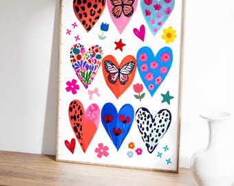 Colorful Hearts Print Girly Dopamine Wall Art Maximalist Handrawn
