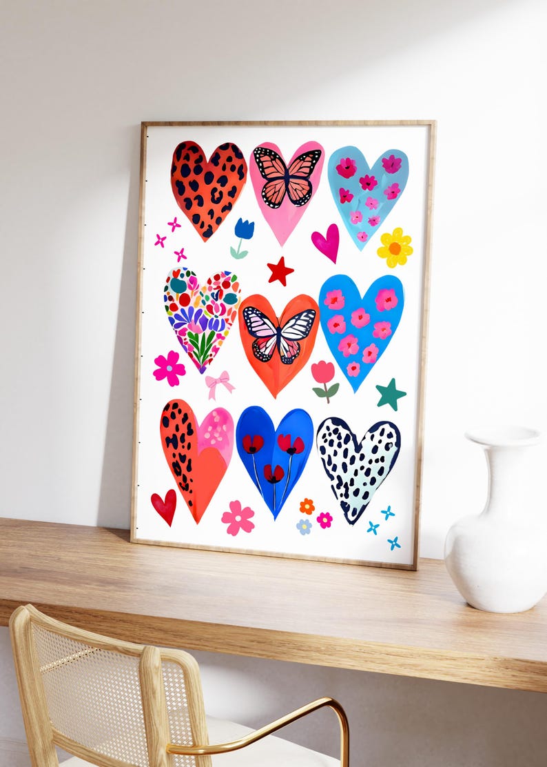 Colorful Hearts print Girly Dopamine wall art Maximalist Handrawn Poster Funky bedrroom decor Love Gift for her Eclectic Floral Animal Print