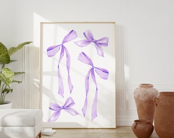 Purple Bow Print, Preppy aesthetic wall art, pastel teen room decor, coquette room decor, preppy bows decor, purple nursery girly wall art