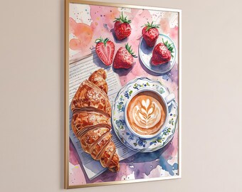 Kaffee und Croissant Art Print Frühstück Club Druck Grün Küche Dekor Kaffee Wand Kunst Digital Download Retro Französisch Croissant Feinschmecker Geschenk
