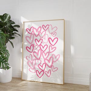 Rosa Herzen Druck, Rosa rosa Wandkunst, Graffiti Herzen bunt Poster, Trendy Funky Plakat, Girly Raumdekor, Geschenk für Paare, Liebesdruck