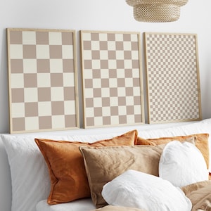 Checkered Wandkunst, Set mit 3 Drucken, Beige Checker Kunstdruck, Beige druckbare Wandkunst, Retro Funky Poster, trendiges Schachbrett Poster, Geschenk