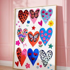 Colorful Hearts print Girly Dopamine wall art Maximalist Handrawn Poster Funky bedrroom decor Love Gift for her Eclectic Floral Animal Print