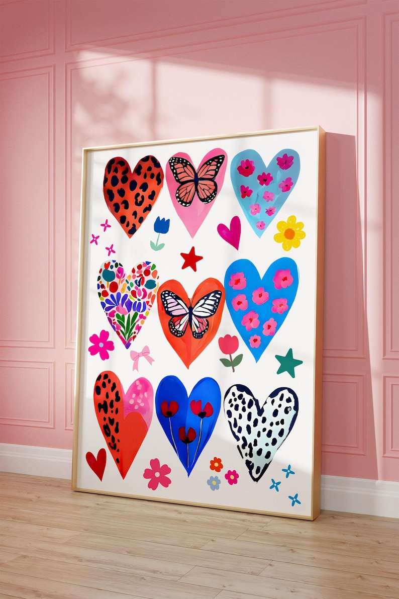 Colorful Hearts print Girly Dopamine wall art Maximalist Handrawn Poster Funky bedrroom decor Love Gift for her Eclectic Floral Animal Print