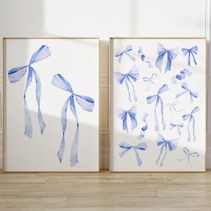 Blue Bow Prints, Set of 2 prints, Preppy aesthetic wall art, teen room decor, college apartment decor, neutral nursery wall art  pastel bows