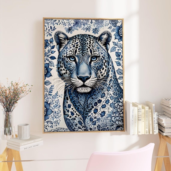 【約84cm】ANIMALLS アートポスター（超大型A1サイズ） Blue Leopard Wall Art-chinoiserie Poster-trendy Cheetah Print-blue