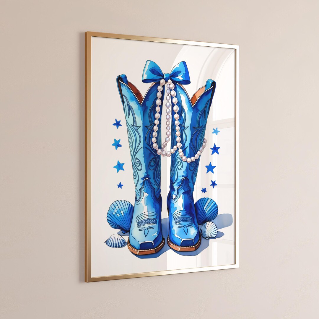Cowgirl Boots Wall Art Coastal Cowgirl Boot Orint Blue Beachy Decor ...