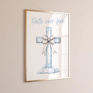Light Blue Modern Christian Wall Art Faith over Fear Scripture Bible Verse Print Cute Coquette Room Decor Christian  Cross Digital Download