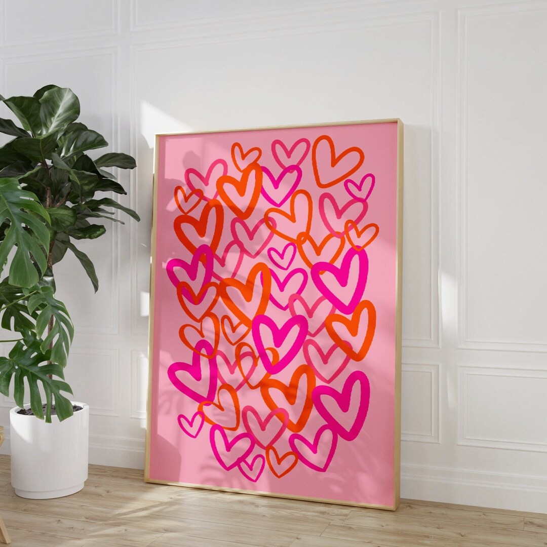 Hearts Print,pink Orange Preppy Wall Art, Graffiti Hearts Colorful