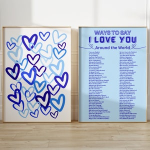 Manieren om te zeggen dat ik van je hou, print blauwe harten, set van 2 prints, coquettekamerdecoratie, ik hou van je-poster, blauwe muurkunst, Valentijnsdagcadeau