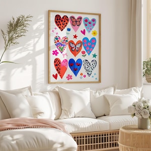 Colorful Hearts print Girly Dopamine wall art Maximalist Handrawn Poster Funky bedrroom decor Love Gift for her Eclectic Floral Animal Print