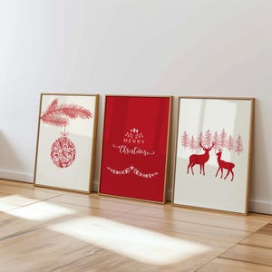 Christmas Print Set of 3, Red Christmas Printable Wall Art, Xmas Home Decor, Trendy Poster, Christmas Digital Download, Beige Holiday Print