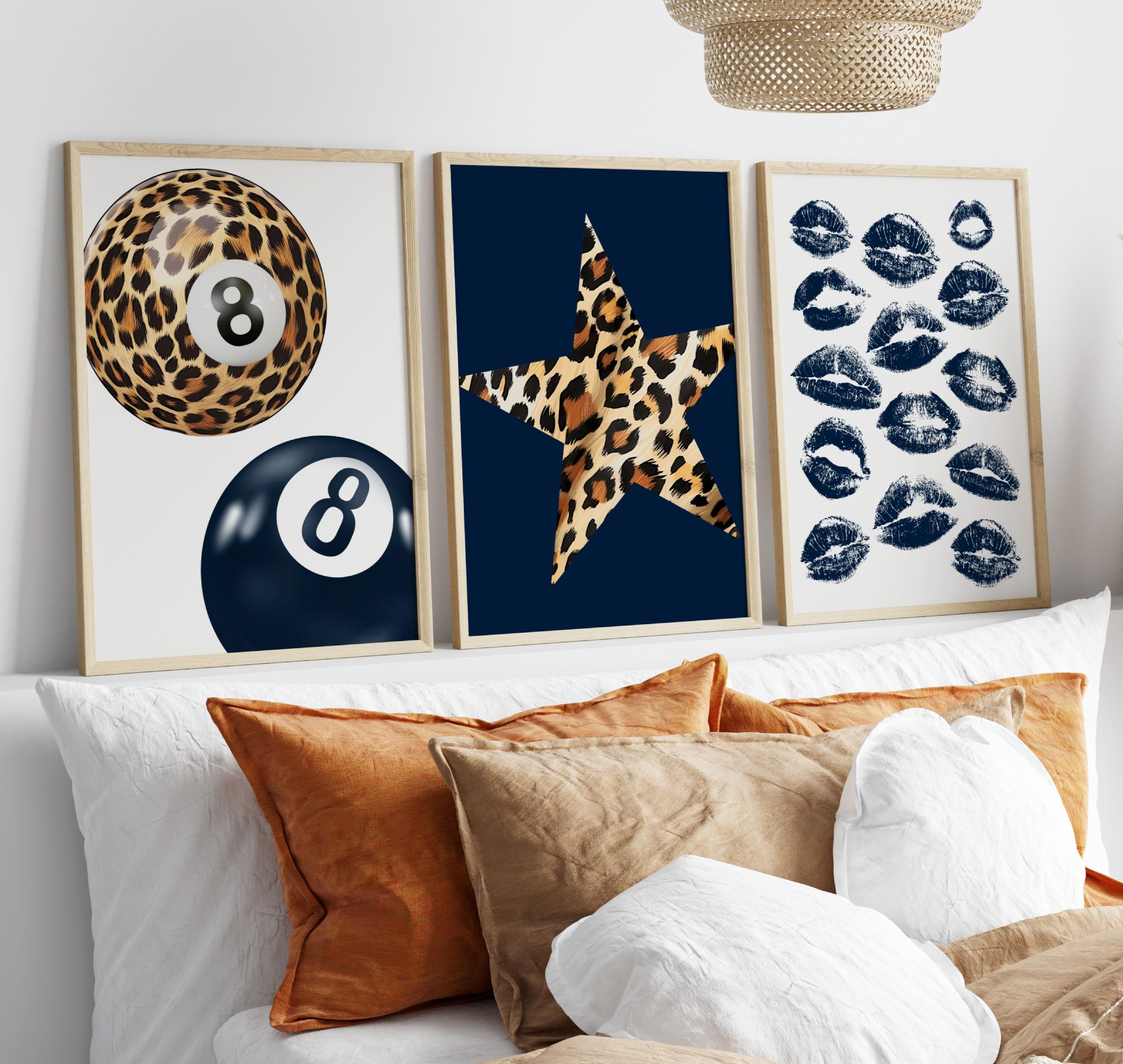 Leopard Print Wall Art Set Navy Lip Kiss Poster Cheetah 8 Ball Art