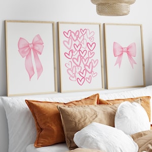 Pink Bow Print, set of 3, Preppy wall art, Hearts Poster, teen room decor, preppy poster, college apartment decor, nursery girly wall art