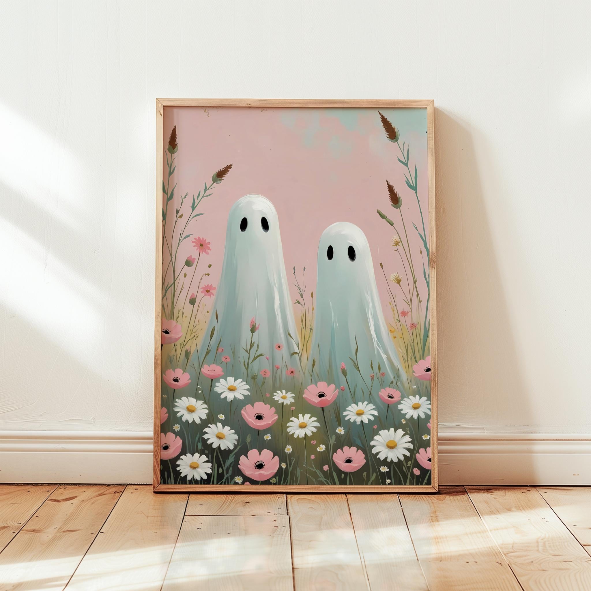 Cute Ghost Print Pink Halloween Decor Spooky Wildflowers Wall Art ...