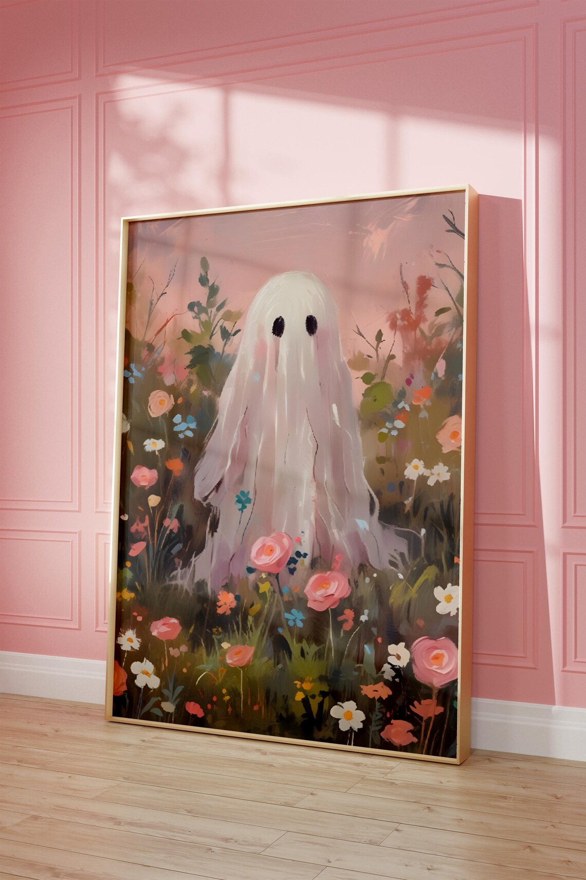 Spooky Pink Wildflower Wall Art Floral Ghost Print Pink Halloween Decor ...