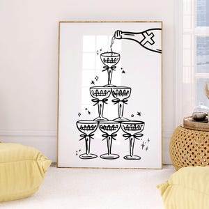 Black and white Champagne Wall Art Champagne Tower Print Girly Bar Cart Decor Alcohol Wall Decor Trendy Minimalist Cocktail Art Print Digital Download dorm room decor Girly apartment decor Gift Valentine's day decor