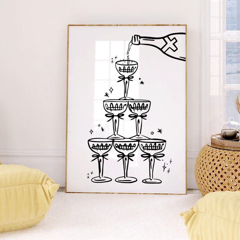 Black and white Champagne Wall Art Champagne Tower Print Girly Bar Cart Decor Alcohol Wall Decor Trendy Minimalist Cocktail Art Print Digital Download dorm room decor Girly apartment decor Gift Valentine's day decor