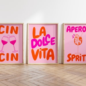 Impression Dolce Vita, art mural imprimable Cin Cin, affiche Aperol Spritz, lot de 3, affiche de vin rétro, art mural chariot de bar, citation italienne rose orange