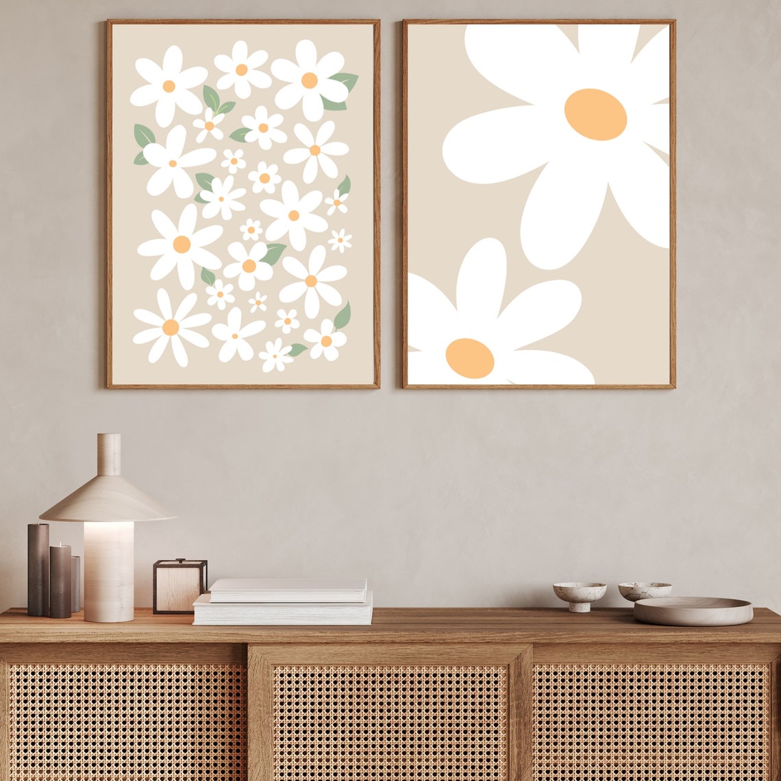 Daisy Nursery Wall Art, Set of 2, Beige Daisies Wall Art, Boho Print ...