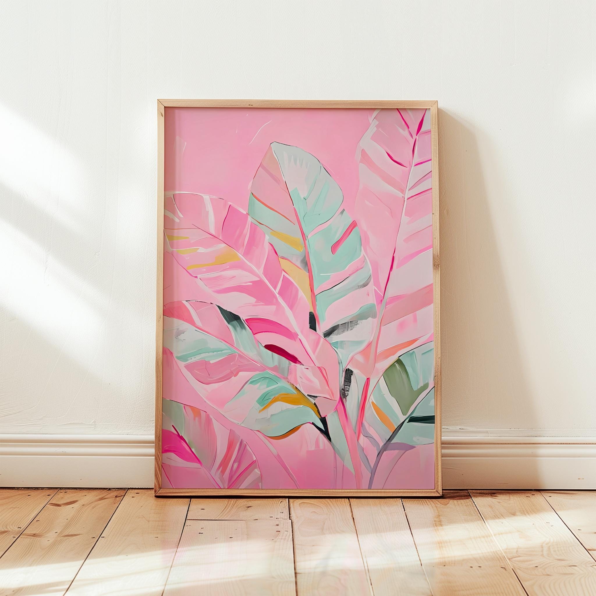 Palm Tree Print Abstract Pink Palm Leaves Wall Art Soft Pink Preppy Home Decor Trendy Tropical Botanical Poster Coastal Beach house Decor
