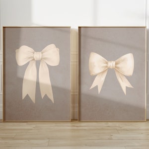 Beige Bow Print, set of 2, Preppy wall art, teen room decor, white bow print, college apartment decor, nursery girly wall art  pastel poster