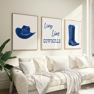 Blue cowgirl hat print, set of 3, Coastal cowgirl print, Navy Blue western Painting, Preppy dorm room decor, Dark Blue Cowgirl Boots poster