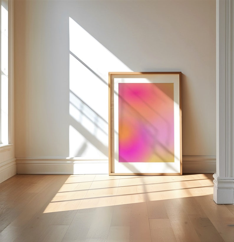 Rosa orange aura-väggkonst, suddigt gradienttryck, rosa glöd, andlig poster, positiv självvårdskonst, auraenergi, drömsk auragradient bild 4