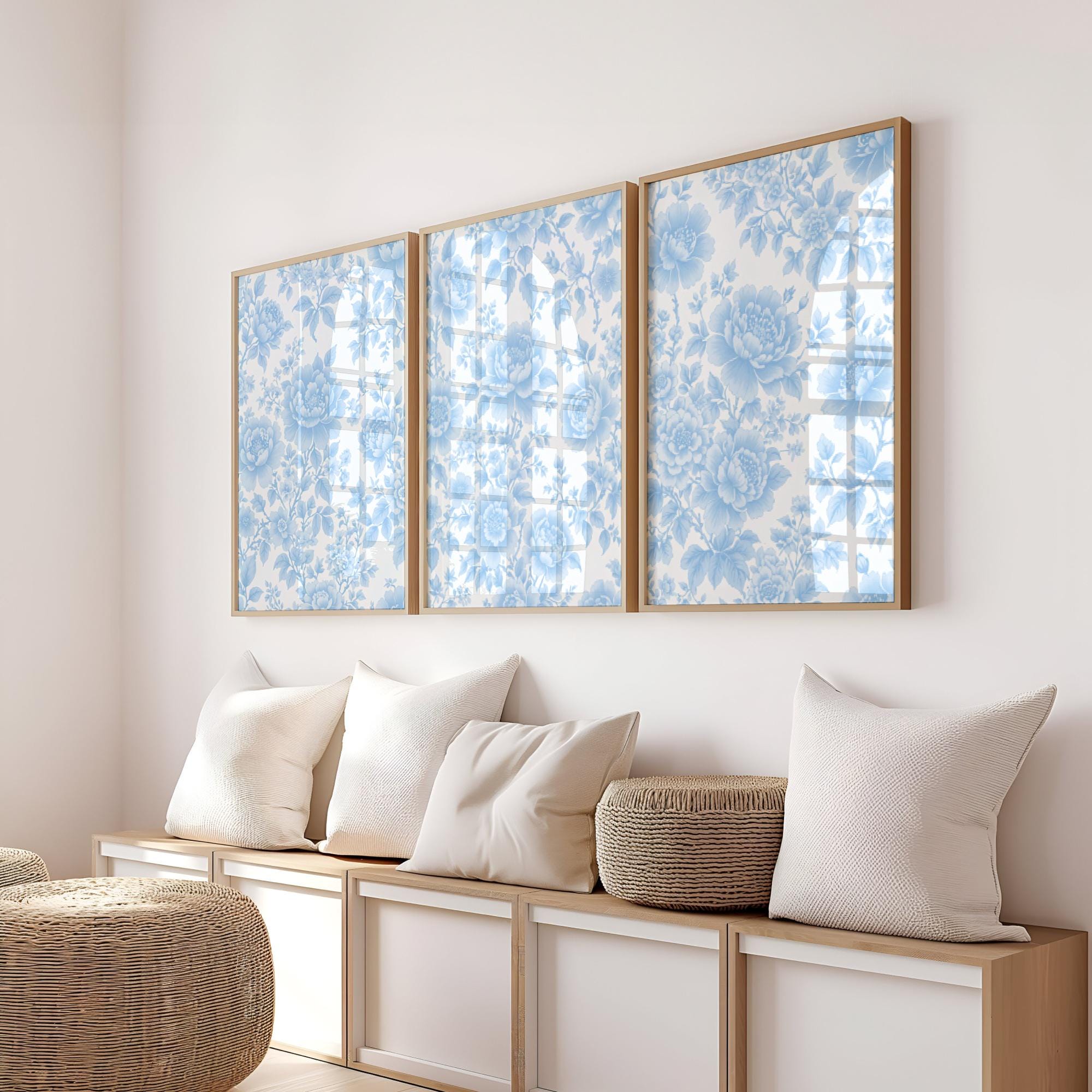 Blue Chinoiserie Wall Art Blue Vintage Floral Print Set of 3 Blue Toile