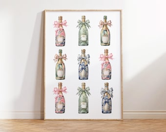 Champagne wall art, bar cart decor, champagne poster, pink girly wall art, trendy prints, bar cart art, digital print, alcohol bottles print