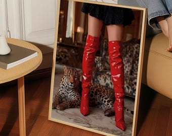 Red Boots Print Retro Leopard Wall Art Magazine Style Cheetah Fashion Poster Chic Apartment Decor Cool Girl Photo Digital Download