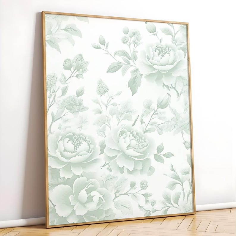 Chinoiserie Wall Art Sage Green Vintage Floral Print Set of 3 Posters