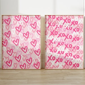 Pink  preppy wall art, XOXO print, Graffiti hearts Colorful wall art, Set of 2 Trendy poster Funky wall art Girly room decor printable love