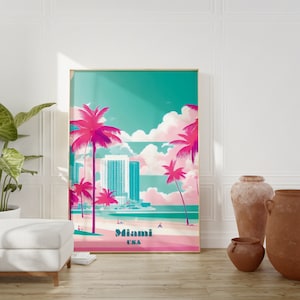 Impresión de viaje a Miami, descarga de arte digital, impresión de la exposición de viajes de Miami rosa y azul, impresión de pared moderna, póster de Miami, pósteres de viajes de EE. UU.
