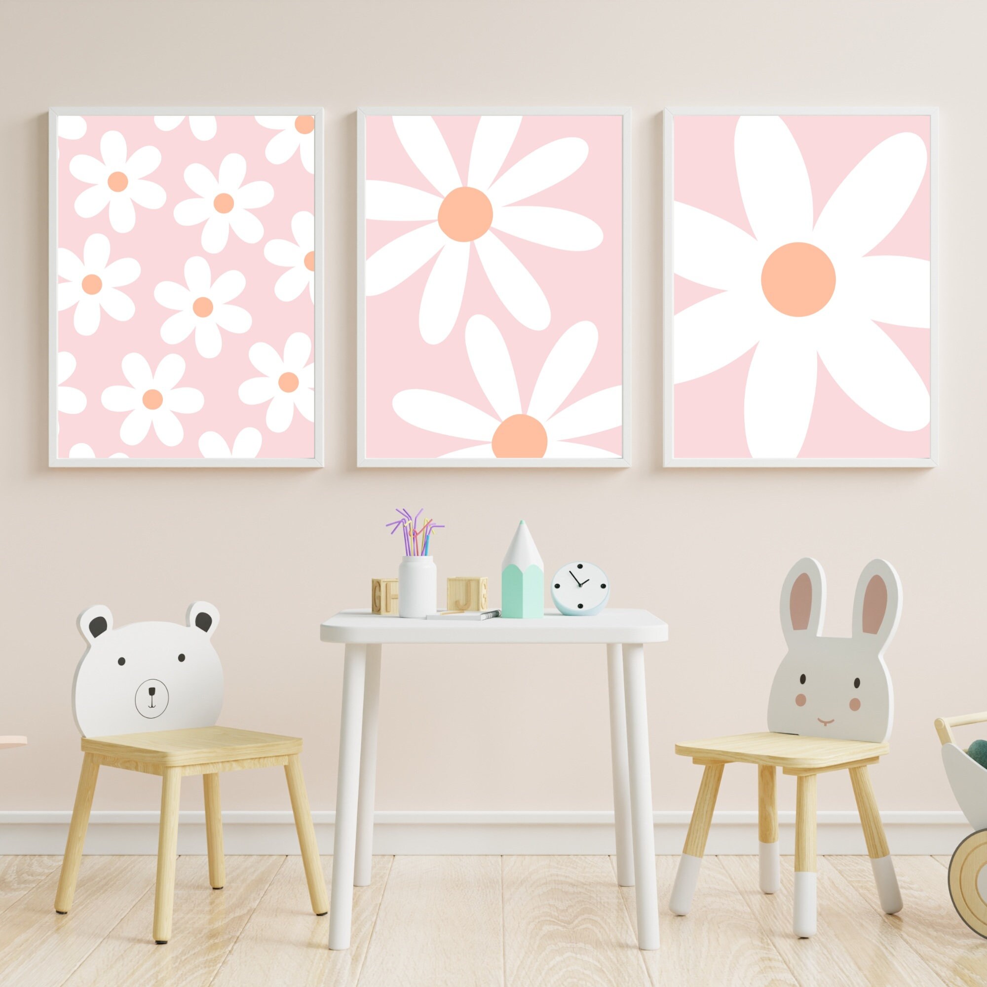Daisy Nursery Wall Art, Set of 3, Blush Pink Nursery Print, Boho Print ...