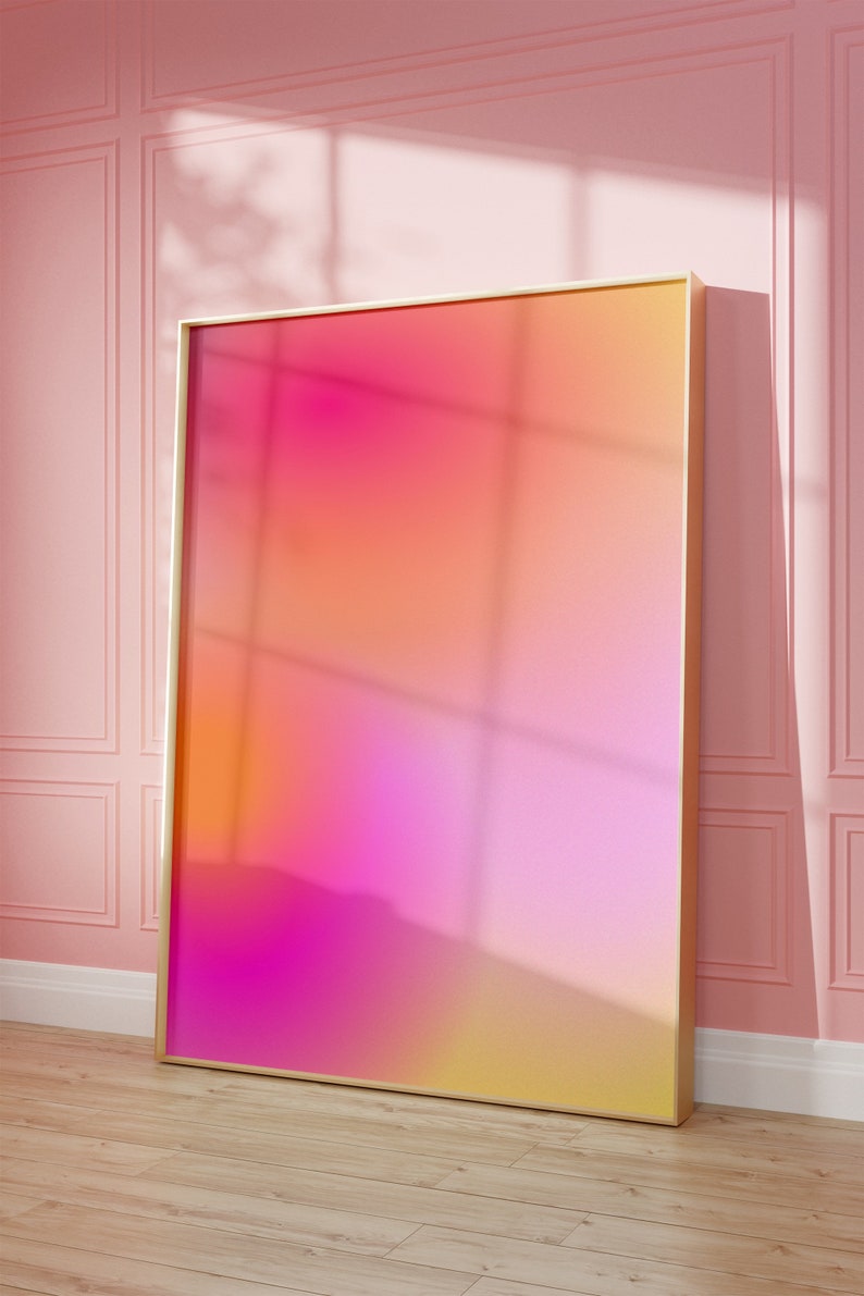 Rosa orange aura-väggkonst, suddigt gradienttryck, rosa glöd, andlig poster, positiv självvårdskonst, auraenergi, drömsk auragradient bild 7