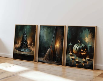 May include: Three framed Halloween-themed art prints. The first features a black witch's hat with candles. The second shows a broom and candles. The third depicts a carved pumpkin with candles. All are in wooden frames.